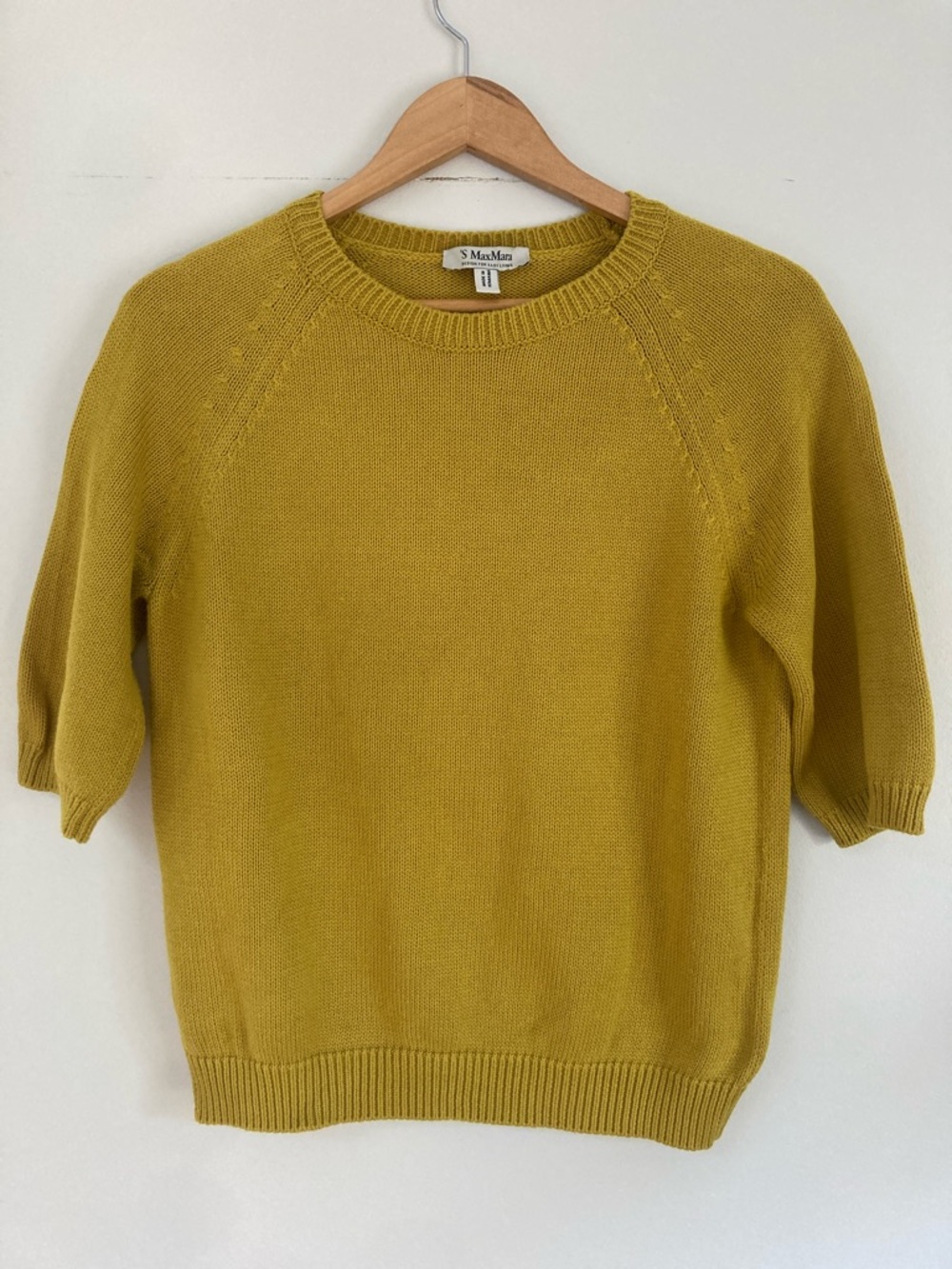 MaxMara Mustard Short-Sleeve Cotton Crewneck Knit Sweater - Size M